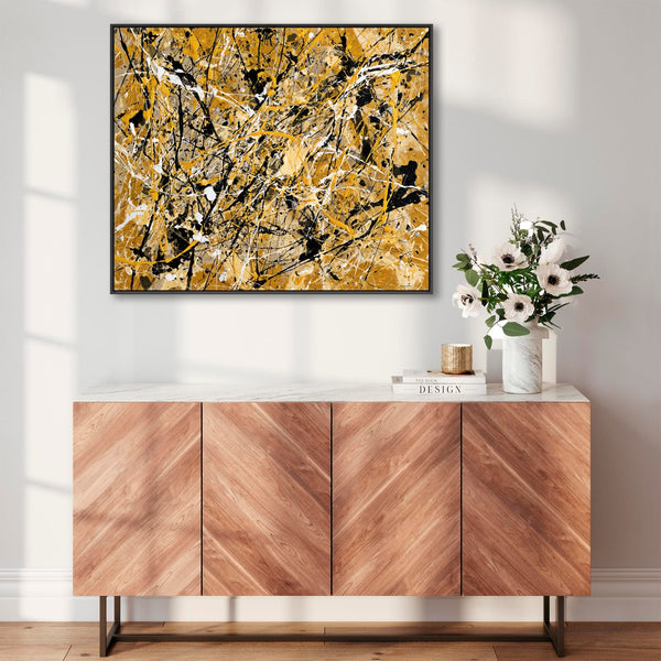Jackson Pollock Drip Style Art XL Framed Mustard Yellow Canvas