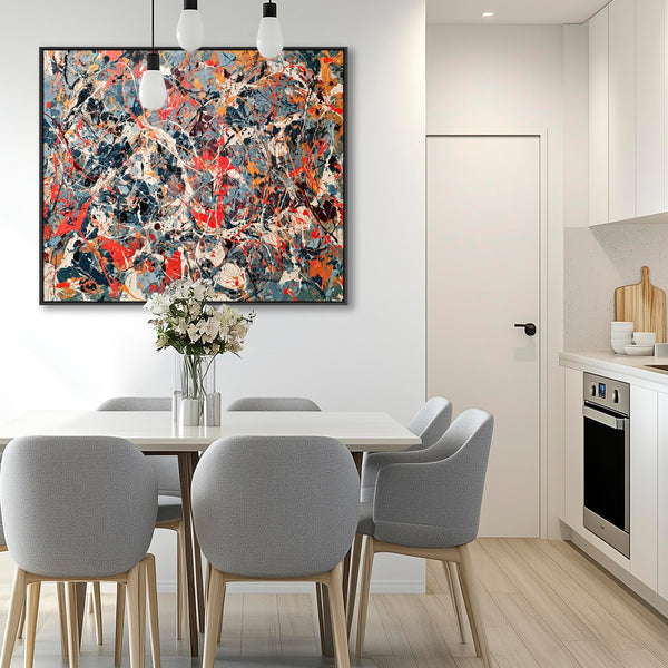 Large Jackson Pollock Inspired Framed Canvas Art - Slate Storm