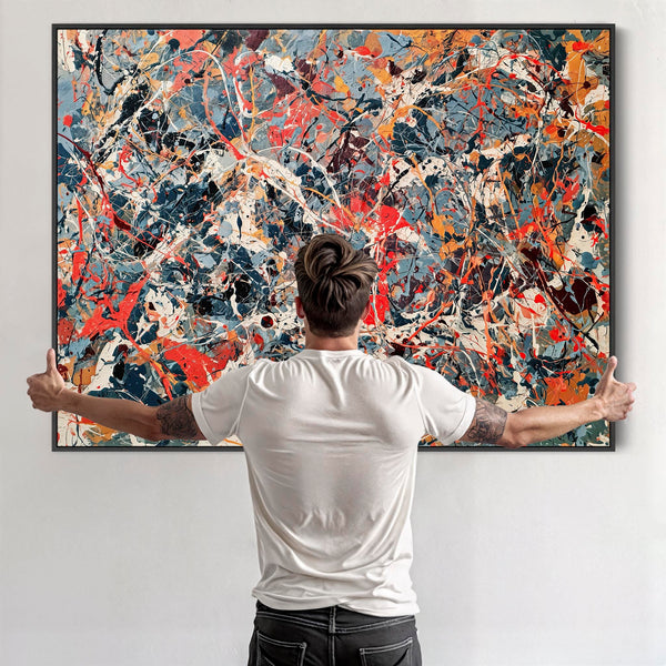 Large Jackson Pollock Inspired Framed Canvas Art - Slate Storm
