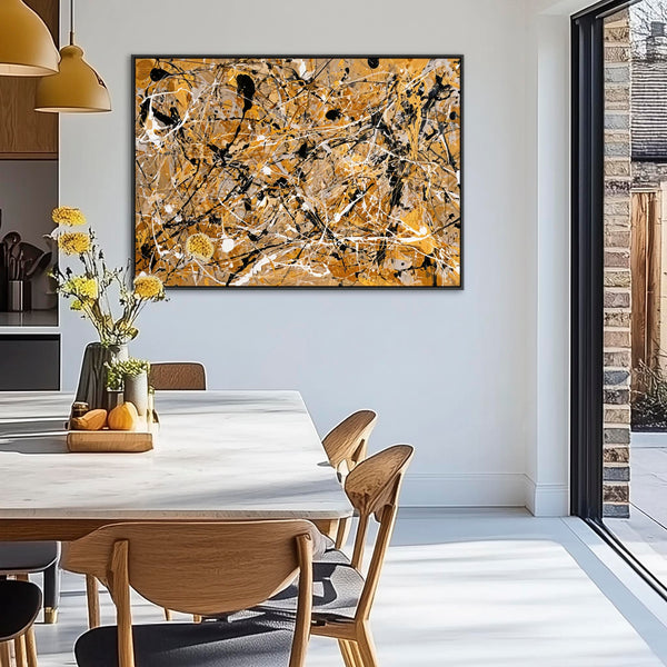 Extra Large Framed Mustard Canvas - Jackson Pollock Style Art
