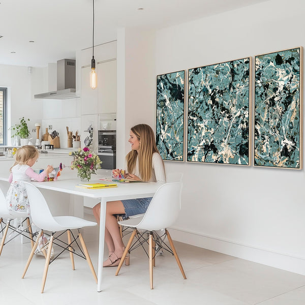Extra Large Framed Set 3 Canvas - Green Jackson Pollock Style
