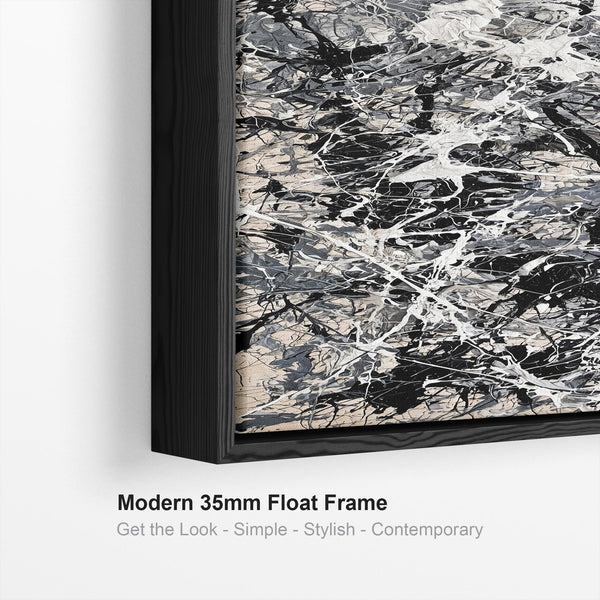 Tall Jackson Pollock Style Neutral Grey Framed Canvas - Havoc