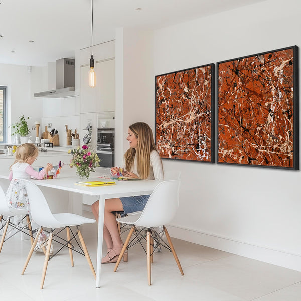 Large Jackson Pollock Style Pair 2 Framed XXL Canvases - Umber