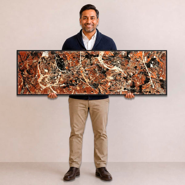 Abstract Canvas Wall Art Framed Jackson Pollock Style - Rust