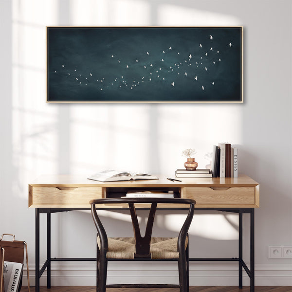 Japandi Flock Birds - Blue Canvas Artwork - Frame Included