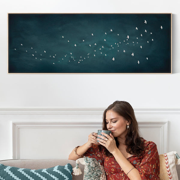 Japandi Flock Birds - Blue Canvas Artwork - Frame Included