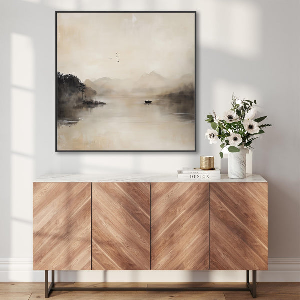 Japandi Lake - Neutral Canvas Wall Art - Frame Included