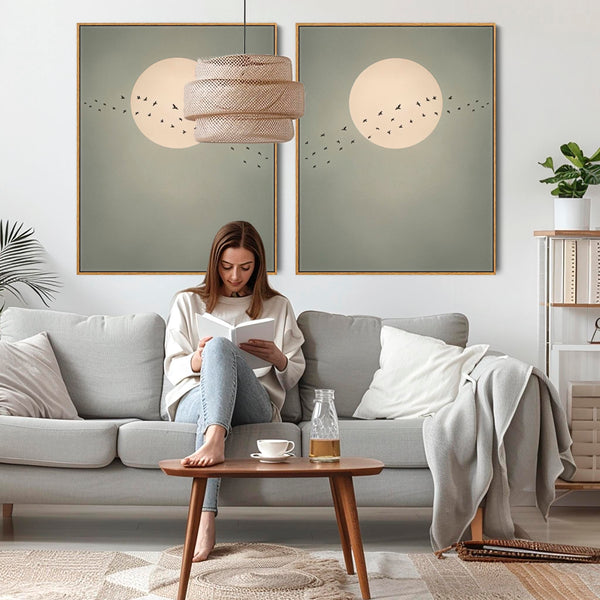 Framed Set of 2 Canvas Artwork Japandi Moon Birds - Migration