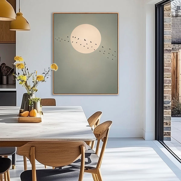 Framed Artwork Canvas Japandi Moon Birds - Migration - Green