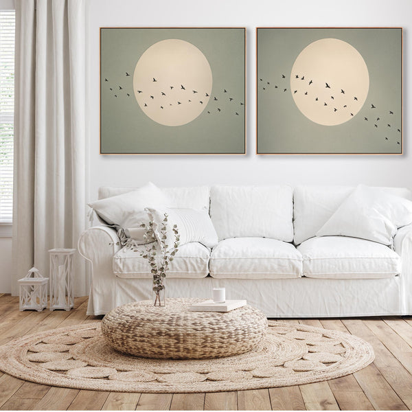 Japandi Moon - Flight Birds - Framed Canvas - Sage Green - Set of 2 Pictures