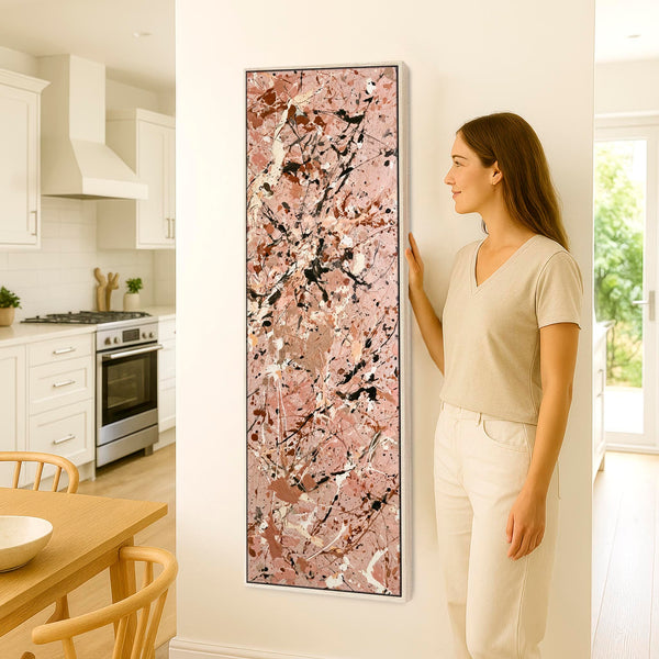 Tall Framed Abstract Wall Art Peach Pink Jackson Pollock Style