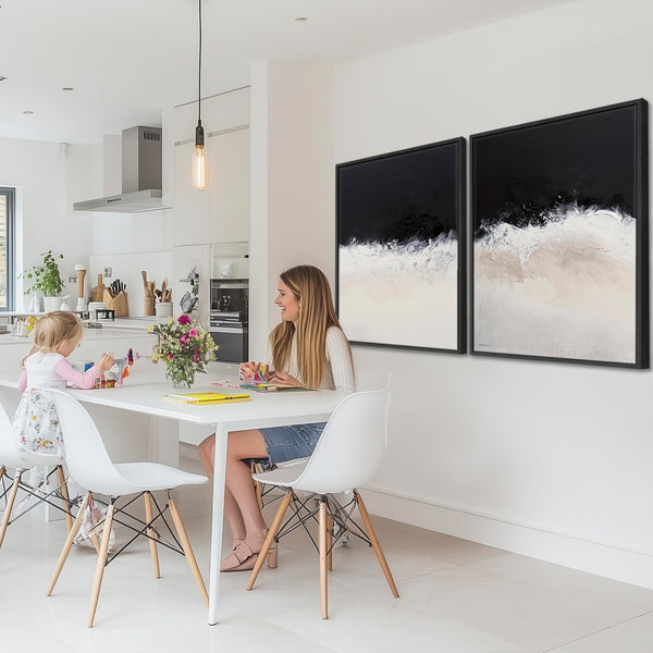 Large Set of 2 Framed Wall Art Canvas Print of Cream Neutral Black Abstract Shores