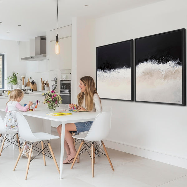 Large Set of 2 Framed Wall Art Canvas Print of Cream Neutral Black Abstract Shores