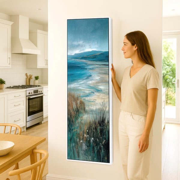 Tall Hallway Entrance Framed Wall Canvas - Teal Blue Hall Art
