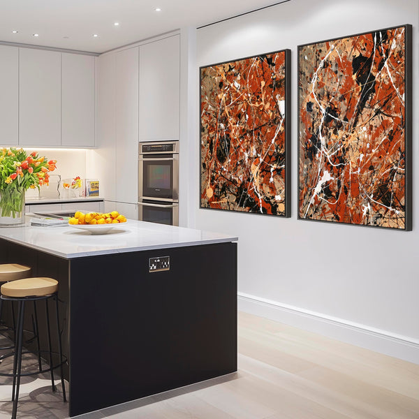 Large Living Room Framed Canvas for Lounge Rust Abstract Set 2