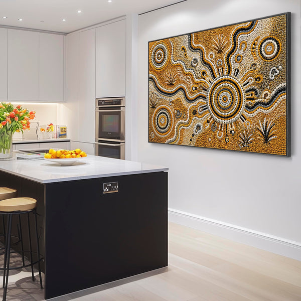 Mustard Yellow Abstract Framed Aboriginal Canvas Print - Kitarra