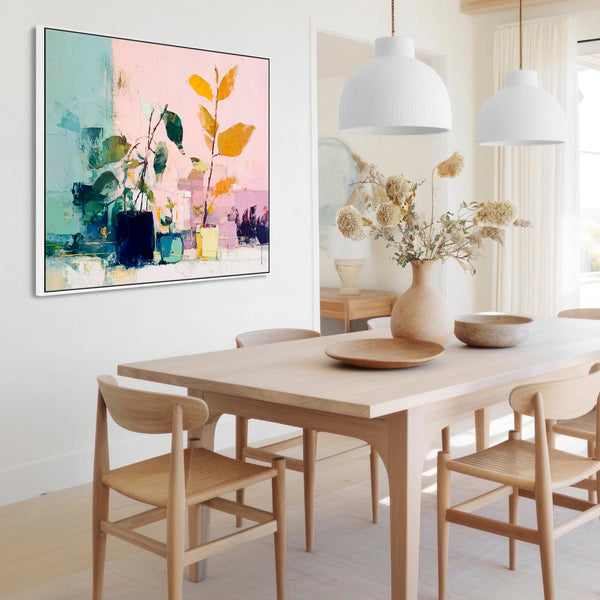 Abstract Colourul Floral - Pink Green Framed Canvas Art Print