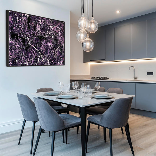 Purple Aubergine Framed Abstract Canvas - Jackson Pollock Style