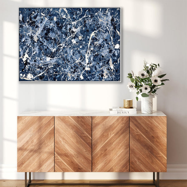 Dark Navy Blue White Framed Wall Art - Jackson Pollock Style