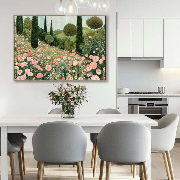 Gustav Klimt Inspired Pink Green Framed Landscape Canvas Art