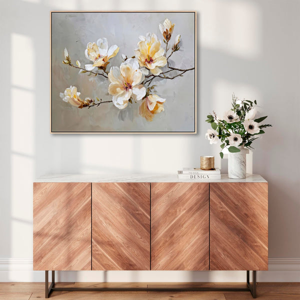 Large Yellow Grey Framed Canvas Wall Art - Magnolia Blossom