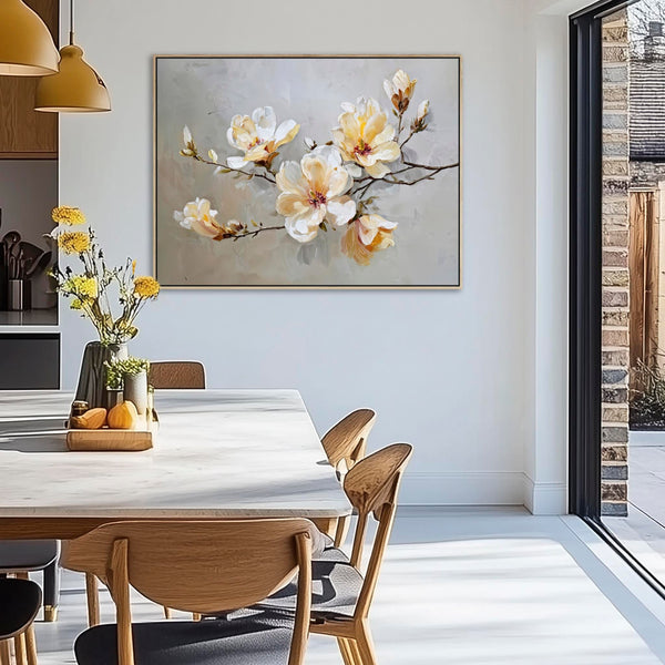 Large Yellow Grey Framed Canvas Wall Art - Magnolia Blossom