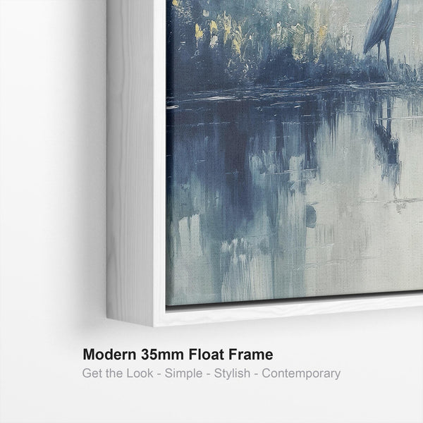 Heron Bird Misty Lake Framed Canvas Wall Art Print - Blue Grey