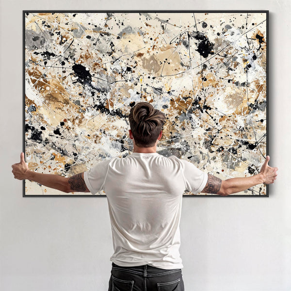 Large Hallway Framed Canvas - Neutral Cream Black Art for Hall