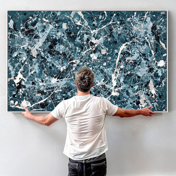 Extra Large Teal Blue Jackson Pollock Inspired Framed Wall Art