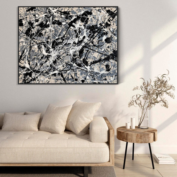 Neutral Beige Grey Jackson Pollock Style Framed Canvas - Swarm