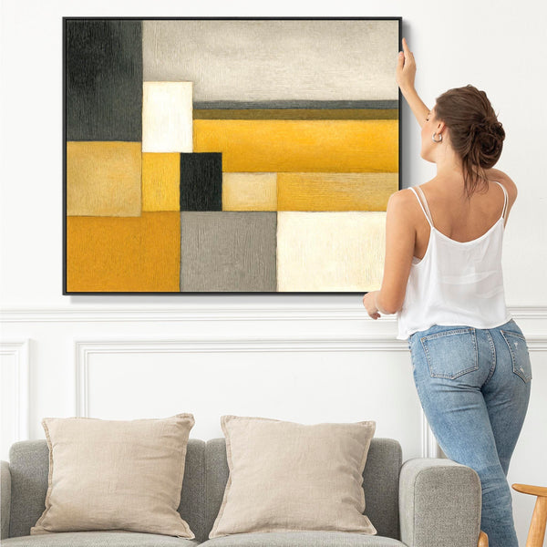Extra Large Mustard Yellow Grey Abstract Framed Canvas Wall Art - Ochre Steps