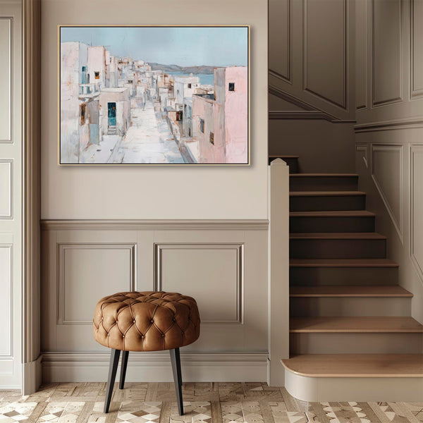 Pastel Blue Pink Framed Canvas Wall Art - Aegean Island Passage