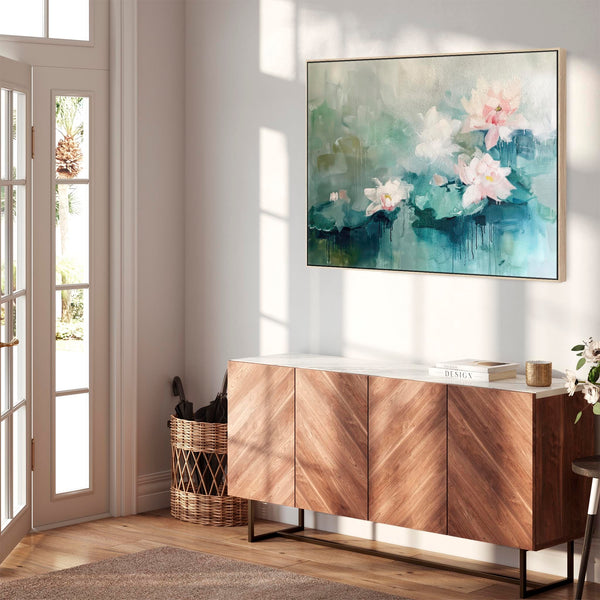 Large Framed Living Room Canvas Art - Lillies Soft Pink Green