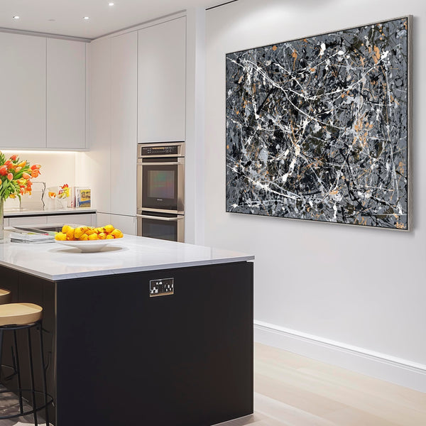 Steel Grey Jackson Pollock Style Framed Canvas Artwork - Storm