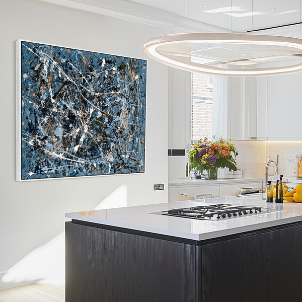 Teal Blue Abstract Framed Canvas Picture Jackson Pollock Style
