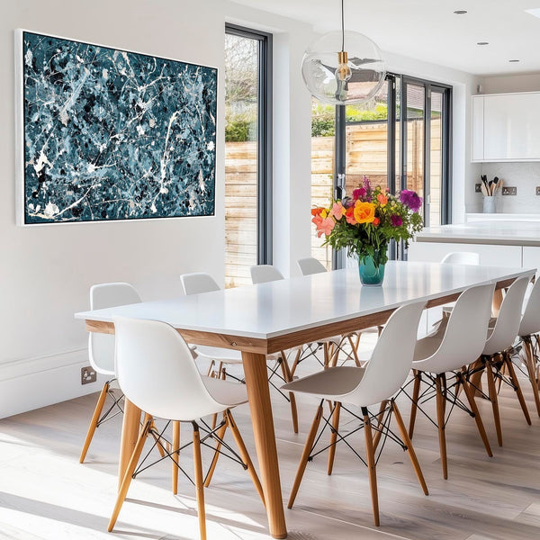 Extra Large Teal Blue Jackson Pollock Inspired Framed Wall Art