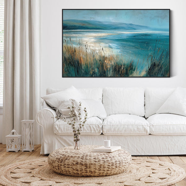 Large Teal Blue Grey Framed Canvas Picture - Highland Coast