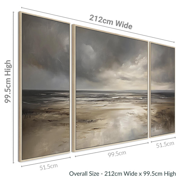 Extra Large Grey Neutral Set of 3 Framed Canvas Abstract - Dream Horizon