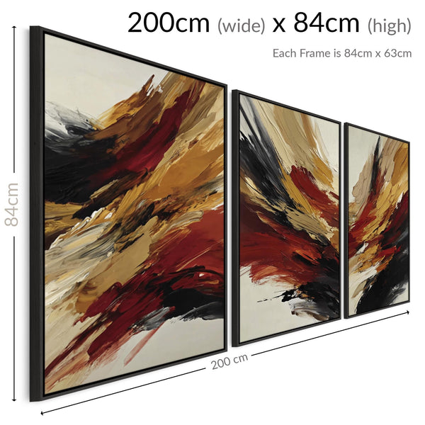 Rust Red Mustard Set of 3 Abstract Framed Canvas - Fiery Strokes