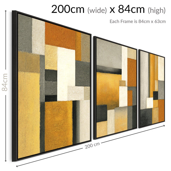 Set of 3 Mustard Yellow Orange Abstract Wall Art Framed - Geometric Warmth