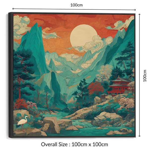 Japanese Framed Canvas Artwork - Terracotta Teal Sunrise Mountain