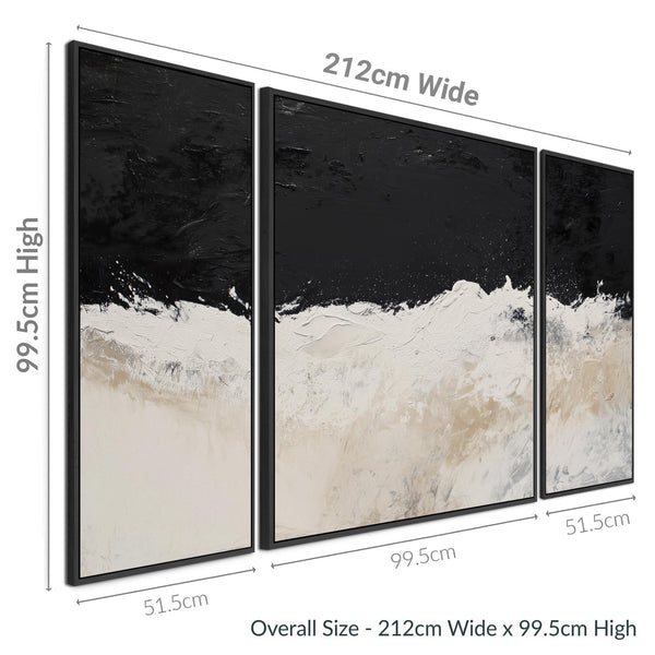 Set of 3 Neutral Beige Black Framed Canvas Wall Art Abstract Wave