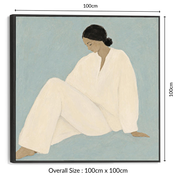 Framed Canvas - Feminine Empowerment Contemplation - White Dress 2 - Blue