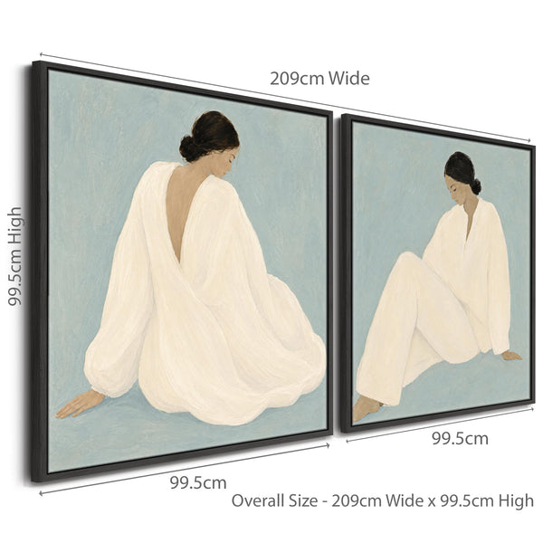 Framed Canvas Pair of Artwork - Peaceful Empowerment - White Dress - Blue - Set of 2