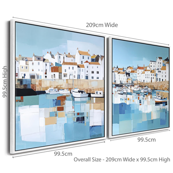 Extra Large Cornwall Harbour Framed Wall Art - Coastal Set of 2 Canvases in Blue