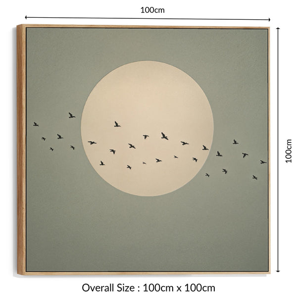 Japandi Moon Framed Canvas Sage Green Birds - Quiet Flight