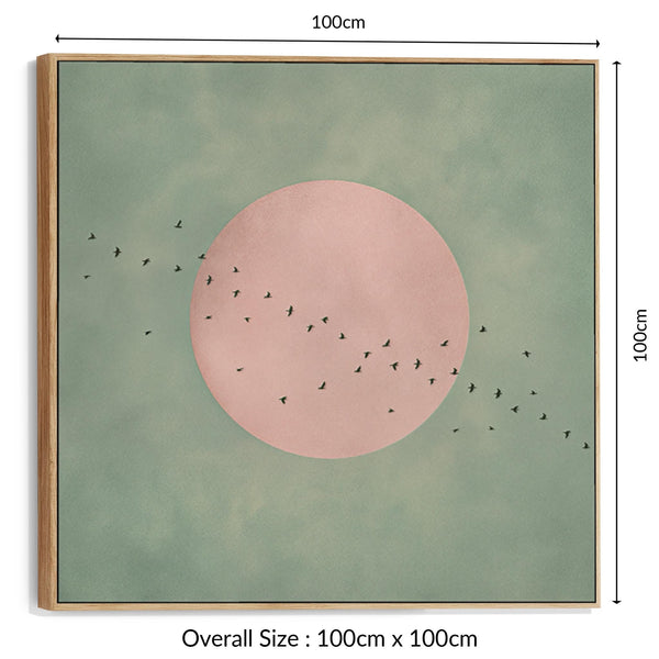 Framed Sage Green Pink Japandi Canvas Wall Art Moon Birds
