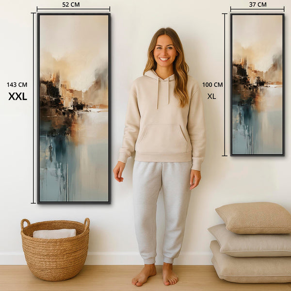 Teal Gold Framed Vertical Wall Art Canvas - Misty Calm