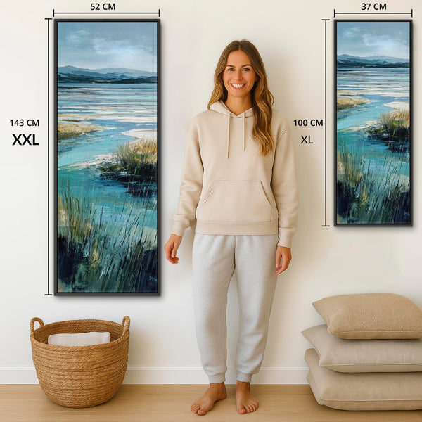 Tall Teal Blue Framed Beach Landscape on Canvas - Serenity