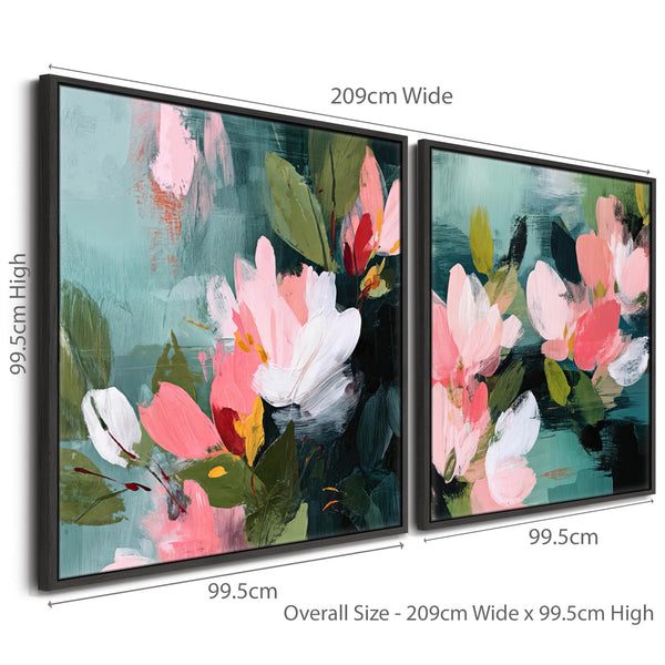 Extra Large Pair Abstract Floral Framed Canvas Art Pink Green